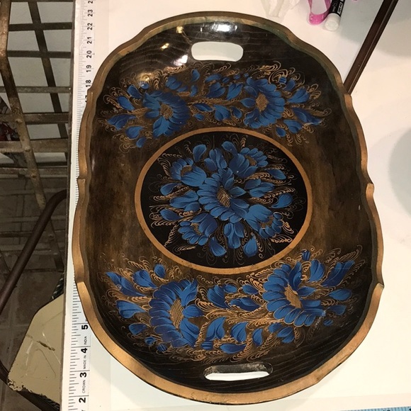 Wooden Mexican Batea Tray Blue Floral Lacquered Handmade Floral Folk A… - Picture 6 of 14